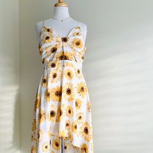 Sunflower-Print High-Low Summer Dress in White & Yellow